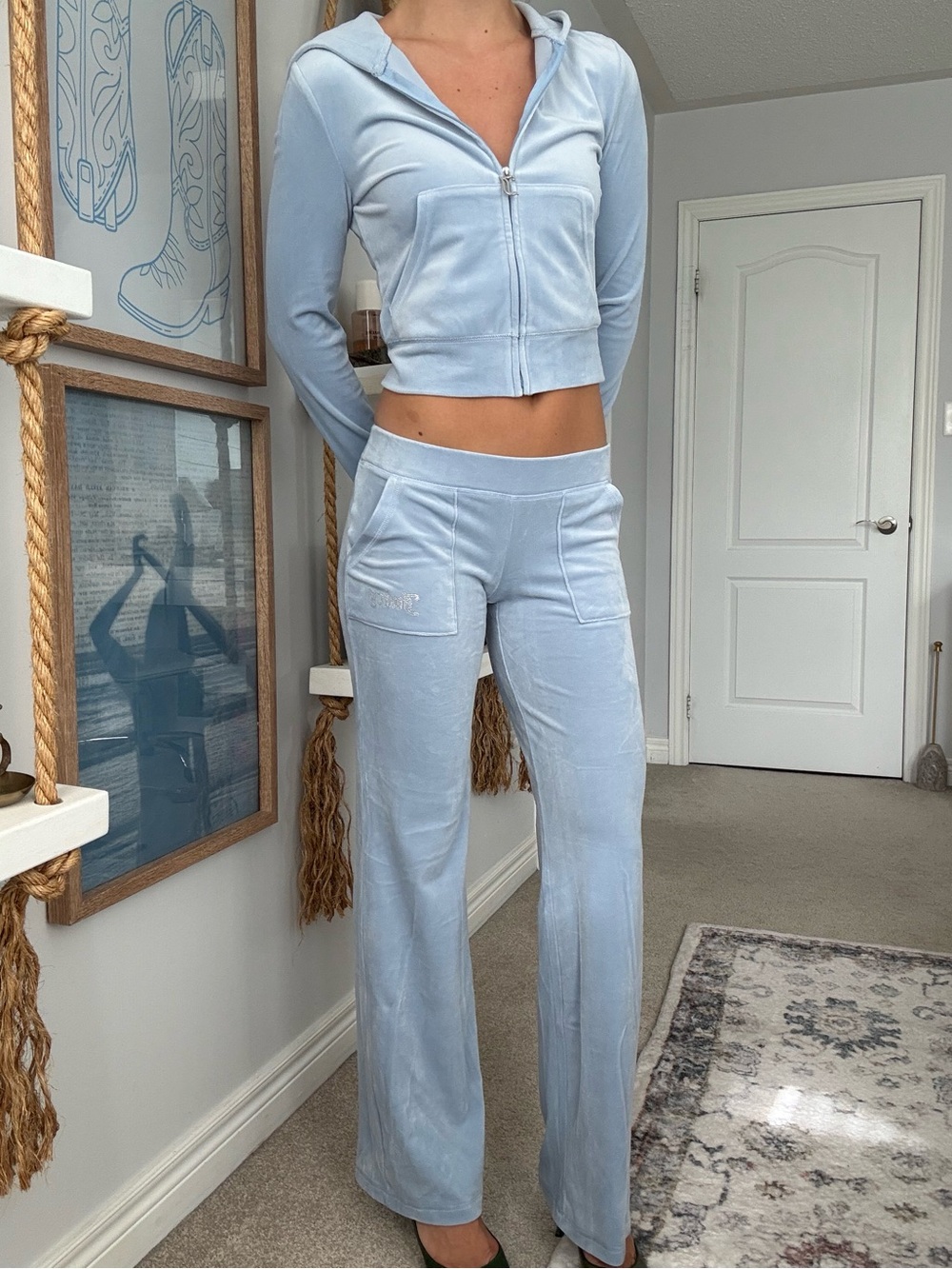 Juicy Couture Light Blue Velour Zip Hoodie & Wide Leg Pants Set